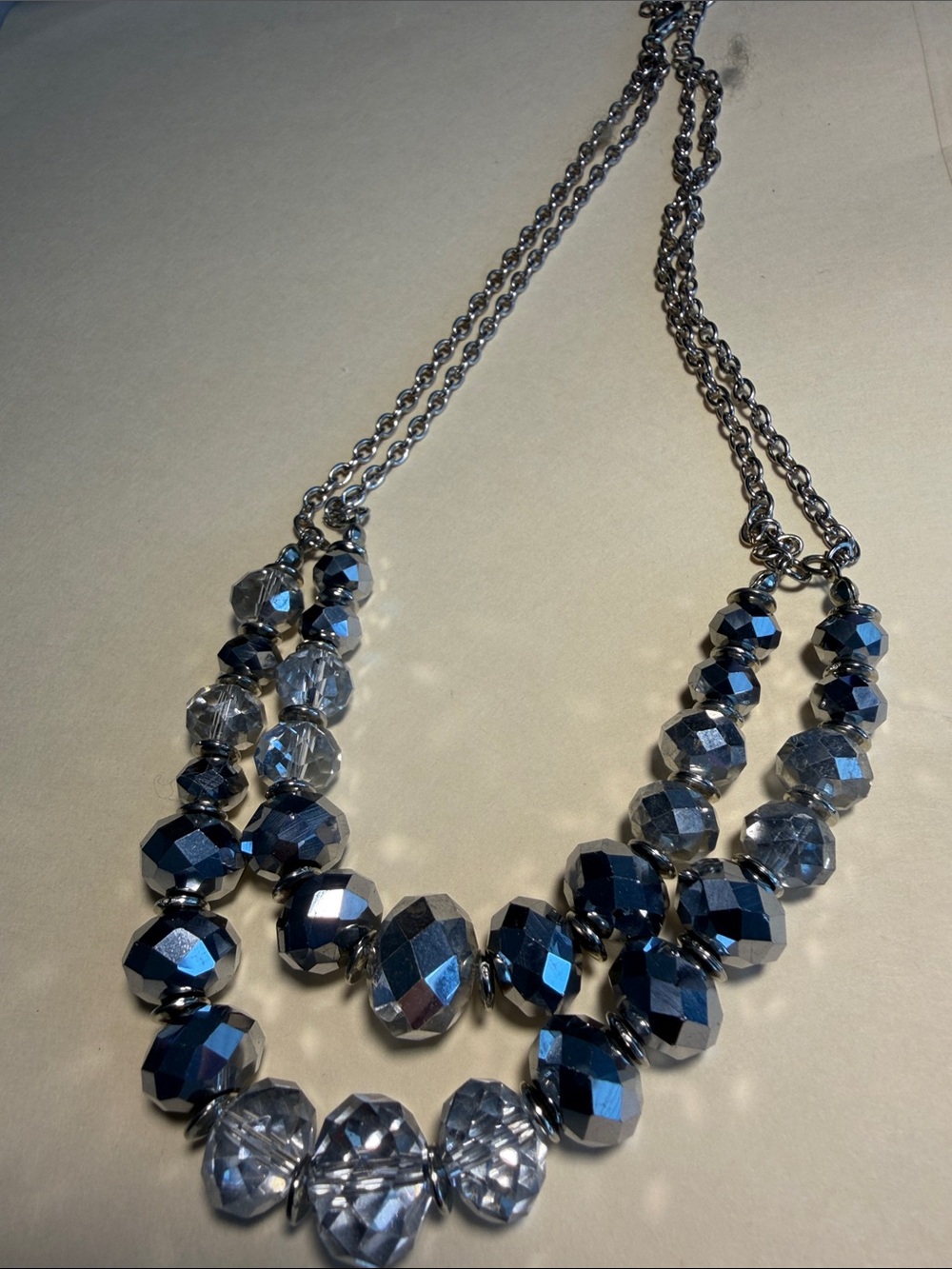 Double strand beaded necklace/ silver tone/ ab crystal beads/ 16 in length